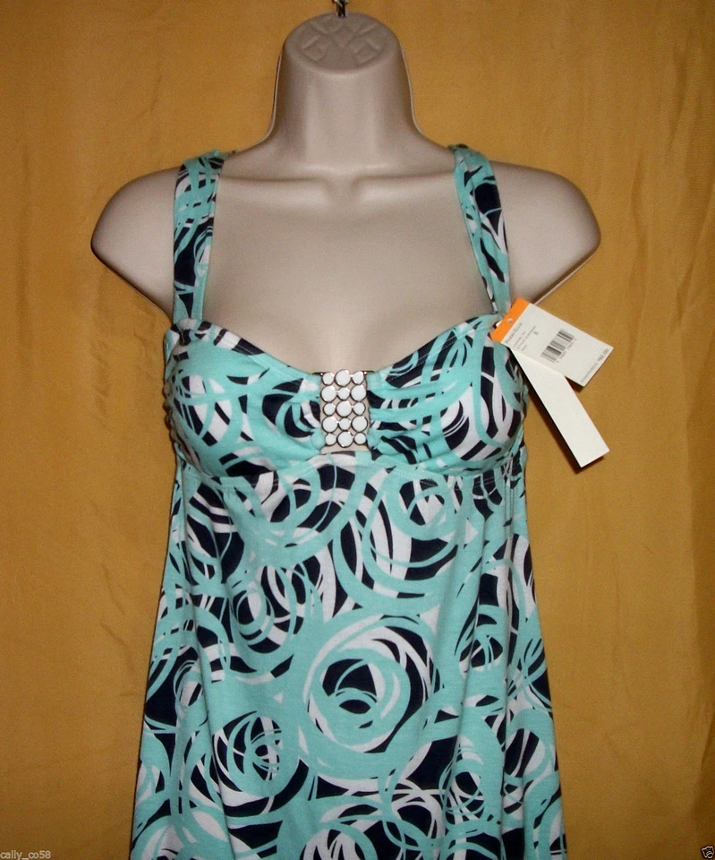 Perry Ellis Mujer Aqua Azul Marino Blanco Traje De Baño Encubrimiento Sol Vestido Acolchado Top S $90 Foto 2 de 4
