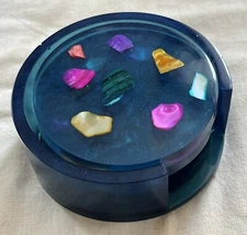 Vtg Mid Century Modern Groovy Blue Lucite Acrylic Coaster Set w/ Color Abalone
