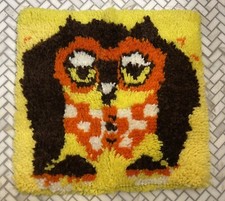 Vintage Latch Hook Owl Rug Pillow Front Yellow Retro Shag Wall Hanging 15  