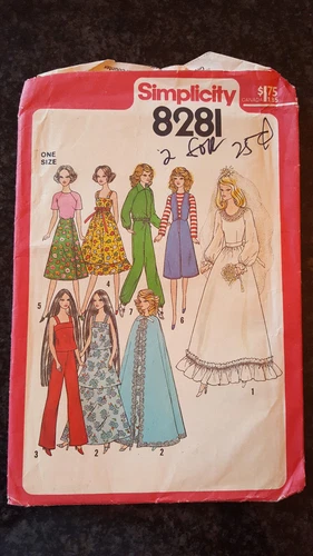1977 Simplicity #8281 Pattern Clothing for dolls such as Cher, Barbie and Farrah