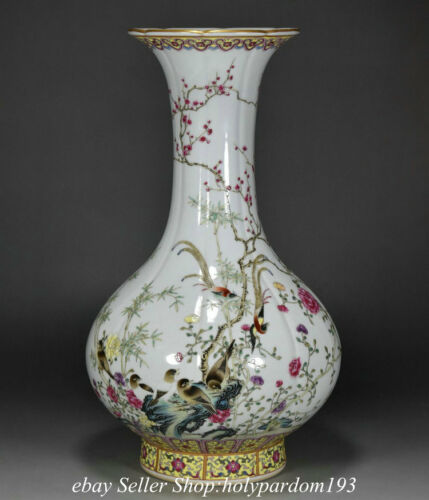 Jarrón botella de porcelana rosa porcelana flor pájaro con flores de porcelana de 12,4" con marca Qianlong - Imagen 1 de 9