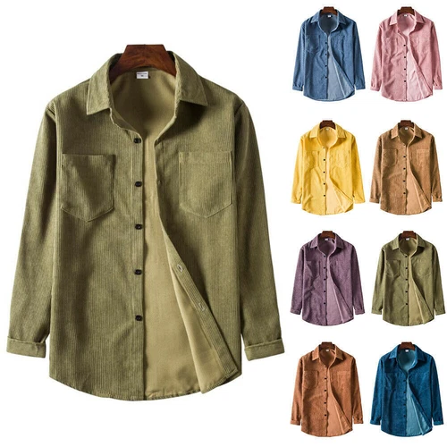 Camisa de pana para hombre Chaqueta de manga larga Informal Top Solapa Retro Calce ajustado Bolsillo - Imagen 1 de 15