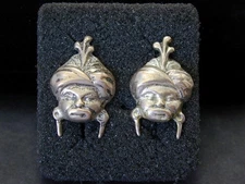 Vintage Sterling Sultan Genie Turban Man Face Screw Back Earrings Silver 925