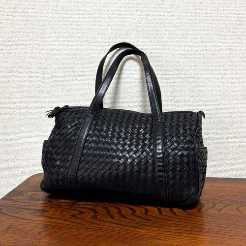 Bottega Veneta Intrecciato Woven Leather Black Mini Boston Duffle Shoulder Bag