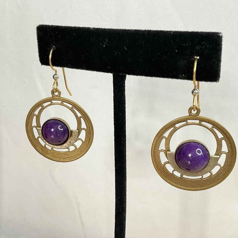 Silver Forest Earrings with Amethyst Dangle Boho Artisan Mixed Metals - Image 2 of 4