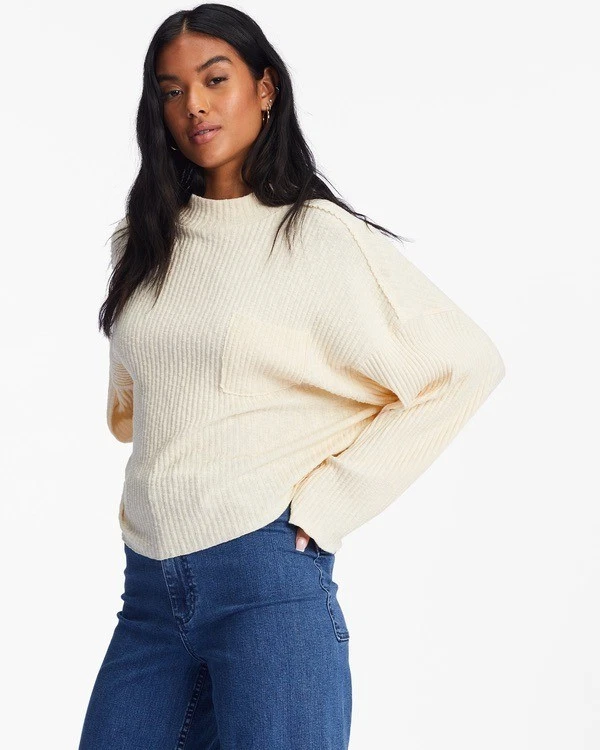 BILLABONG Saturdays Sweater Top Sz L Cream Mock Neck Rib Knit Cotton Blend Cozy - Image 3 of 4