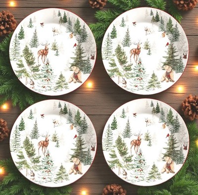 Pottery Barn S/4 Enchanted Forest Dinner Plates 10.75'' NIB Christmas Deer