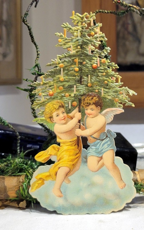 Angels on Cloud, with  Candle-lit Tree.  Early 1900s German Die-cut for Orn