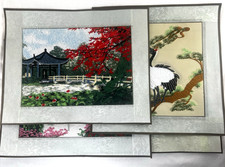 Vintage Asian Oriental Hand Stitched Silk Embroidery Art Lot Of 4, Not Framed