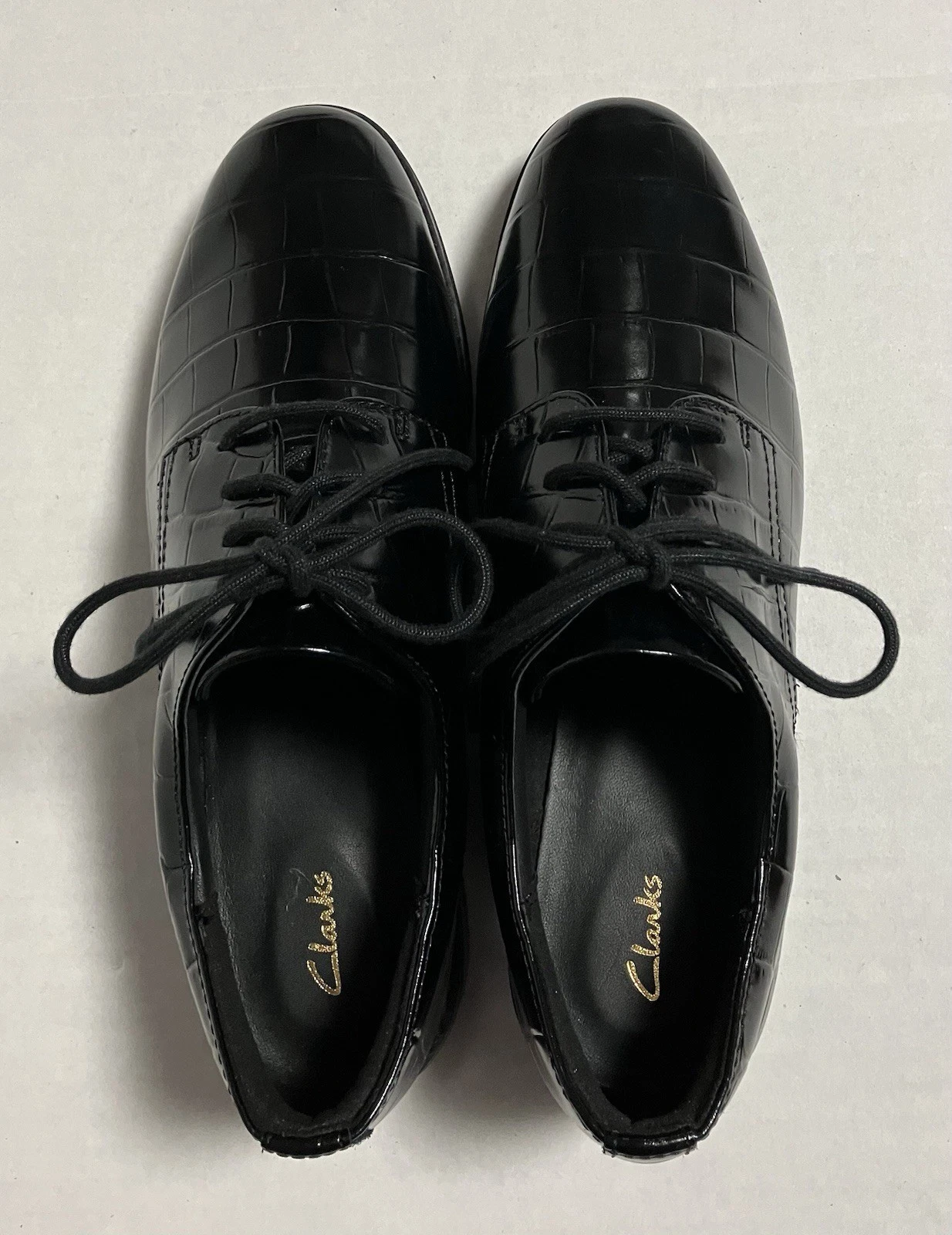 Scarpe stringate donna Clarks Ria Derby Oxford in pelle nere Croc militari US 8 5W