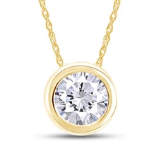 1ct Bezel Set Round Cut Moissanite Pendant 18" Necklace 10K Solid Yellow Gold