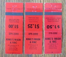KING'S CAR WASH & VAC MATCHBOOK COVERS: PATERSON, NEW JERSEY MATCHCOVERS -A4