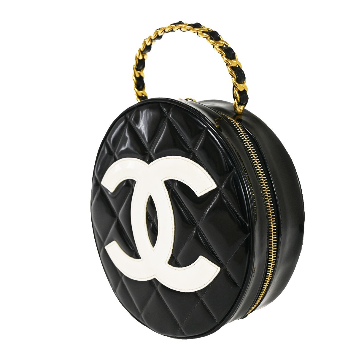 CHANEL CC Matelasse Round Vanity Chain Hand Bag Patent Leather