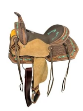 15" Double T Youth Hard Seat Western horse saddle with teal arrow Accents