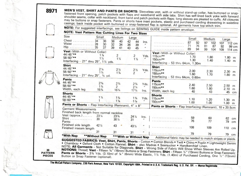 McCall's  Pattern 8971, THE GAP Vest, Shirt, Pants, Shorts 38-40, FF - Image 2 of 2