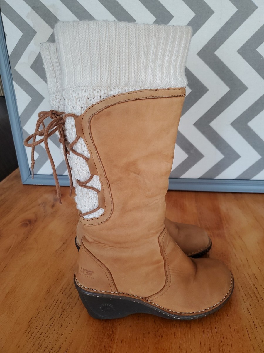 Ugg Skylar Wedge Tan Leather Back Lace Up Knit Sweater Zip Up Boot