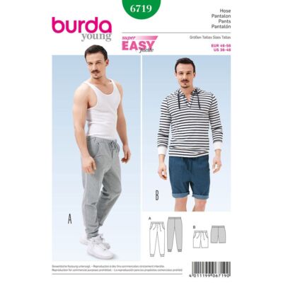 Burda 6719 HERREN Jogging Hose Nähmuster Größen 36 - 46 Fähigkeit: Super Einfach