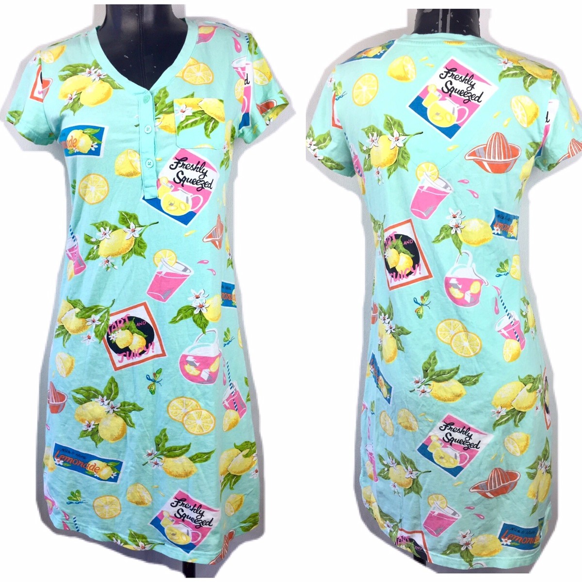 Nick Nora XS Sleep Pajama T-Shirt S/S Dress Blue Lemonade Lemons