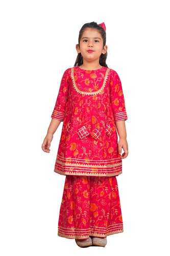 Indisch Pakistanisch Kinder Mädchen Baumwolle Blumendruck Gota Arbeit Kurti mit Sharara - Bild 3 von 9