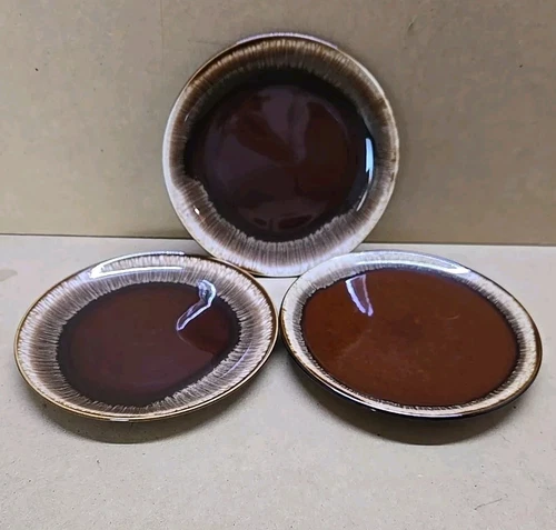 Vtg. Set Of 3 Hull Salad/ Bread Plates Brown Drip Glaze 7.5"W