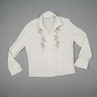 BASLER Damen Bluse Gr. 40 Wollweiß Langarm Florales Design Knopf Kragen Vintage