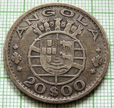 ANGOLA PORTUGUESE OVERSEAS PROVINCE 1952 20 ESCUDOS 0.720 Silver Patina