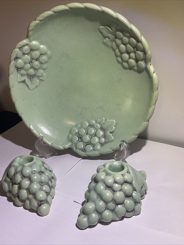 Red Wing Pottery Grape Cluster Candle Holders With Bowl 1930's, Aqua Granma Core - Picture 8 of 14