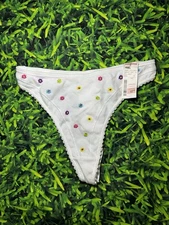 Vintage Y2K NWT René Rofé Thong L White Floral Embroidered Daisy Panties Cute