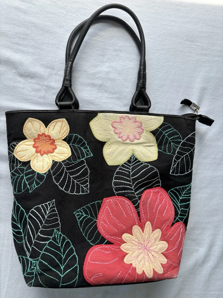 Bolso de mano de lona negro cosido floral Talbots algodón y rayón 11x9x4 pulgadas Foto 2 de 4
