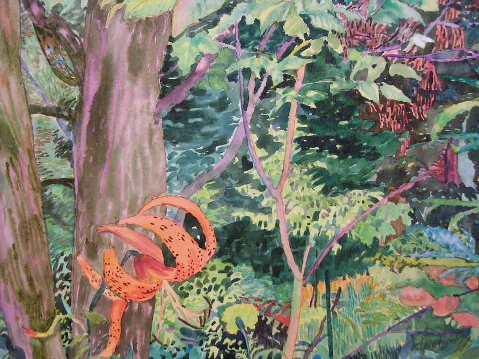 Vtg 1970s Abstract Landscape MCM Mid Century Modernism Watercolor Painting - Image 4 of 4