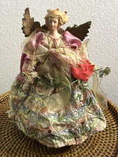 Christmas Angel Decoration Gold Pink Green Fabric Dress Wings 12"