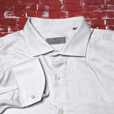 Canali Button-Up Shirt Mens 44 17.5 White Blue Pin Dots Made in Italy EUC 