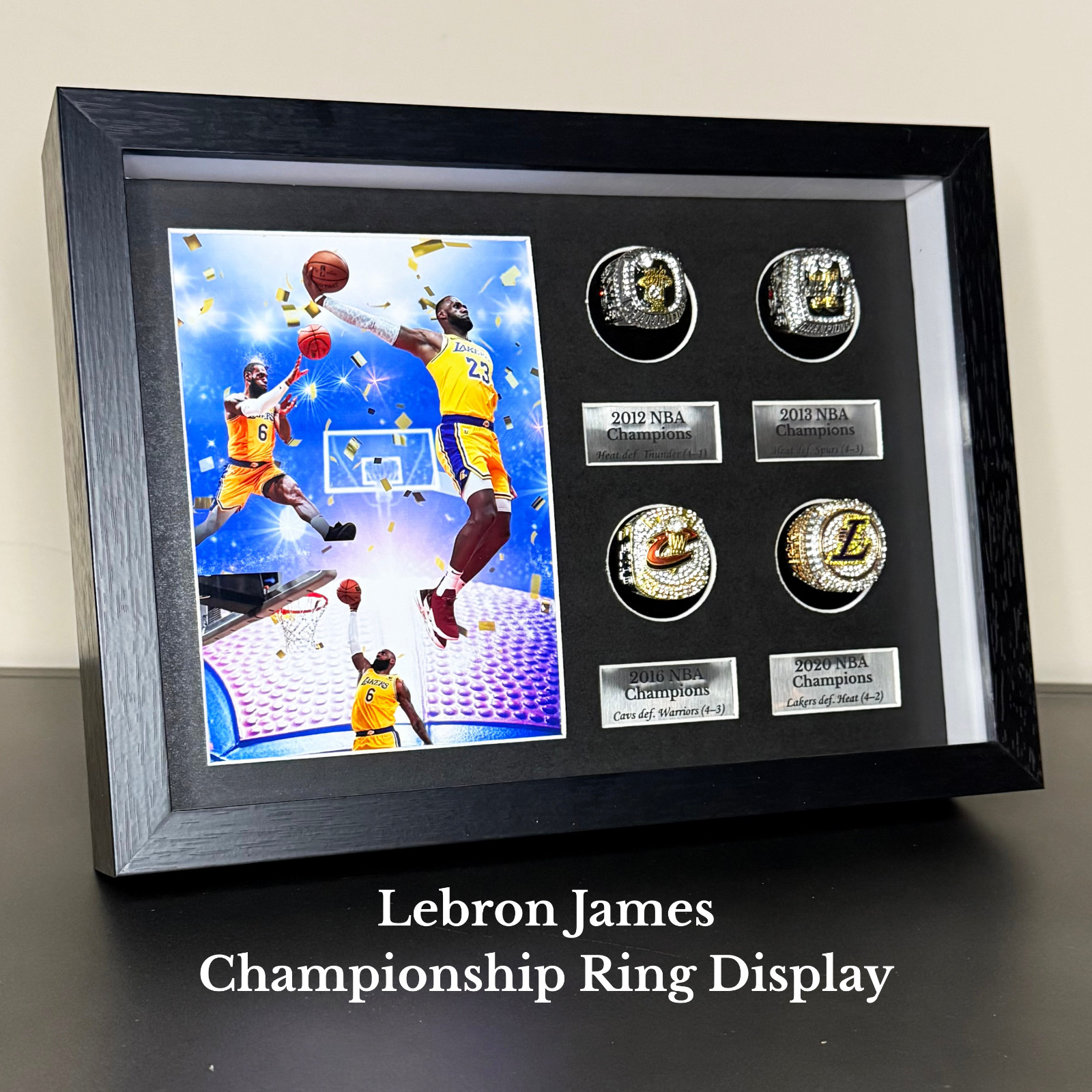 LeBron James Championship Ring Display | 4 Rings + Photo + Engraved Plate