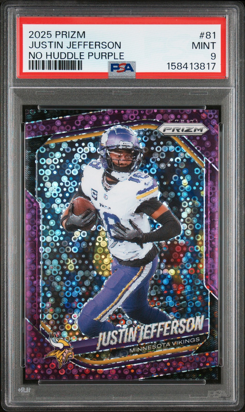 2025 PANINI PRIZM NO HUDDLE PURPLE #81 JUSTIN JEFFERSON 3/75 PSA 9 view 1