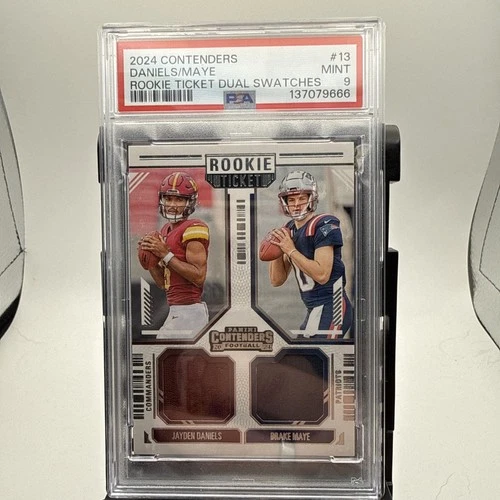 2024 Panini Contenders Jayden Daniels/Drake Maye Rookie Ticket Dual Swatch PSA 9