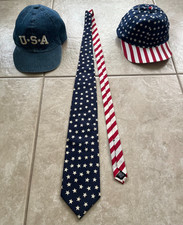 Lot/Bundle 2 Hats/Caps Neck Tie Patriotic American Flag Stars  Stripes USA Logo