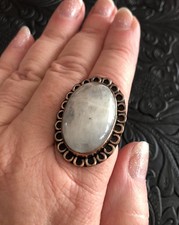 White Iridescent Moonstone Oval Ring Size 8 Artisan Made Copper Ring
