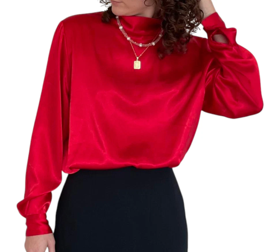复古 Liz Baker 衬衫上衣亮红色缎面液体丝绸高领后扣 12 — 第 3/4 张图片