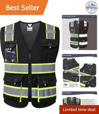 Safety Vest Hi Vis Reflective Black JK220 Mesh Fabric 5 Utility Pockets