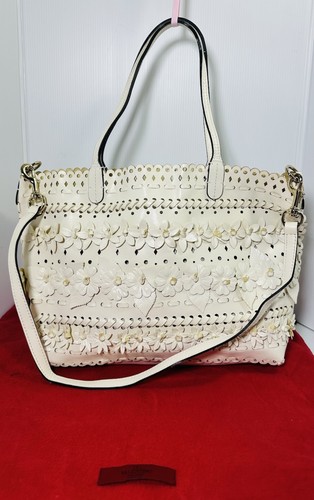 VALENTINO GARAVANI Calfskin Punched Lace  Floral  Leather  Tote  Bag