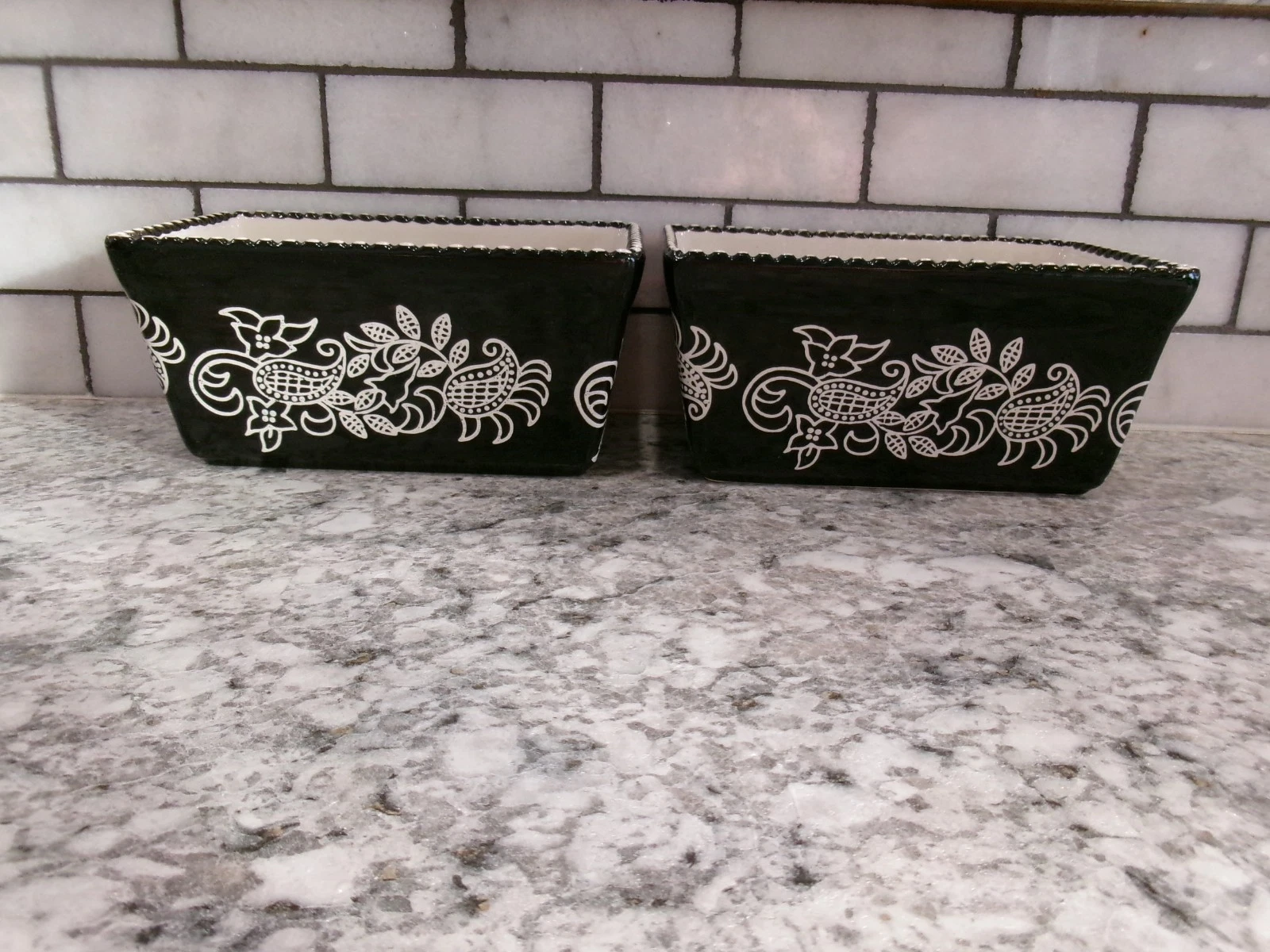 Baum Brothers Stoneware Loaf Pans, Black & White Paisley, Approx 3" x 6 1/4" x 4