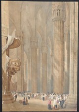 800'-ARCHITETTURA-INTERNO DEL DUOMO DI MILANO-BELLISSIMO ACQUERELLO FIRMATO