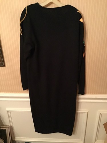 Vintage Germaine Astor 80s Black Sweater Dress Yellow Pink Floral Green Beaded L - Picture 4 of 4