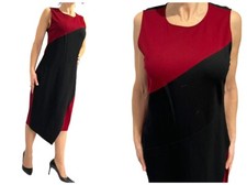 Magaschoni Red Black Sleeveless  Stretch Midi Color Block Draped Sheath Dress 10