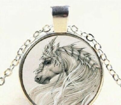 UNICORN WHITE FANTASY charm pendant Sterling Silver 925 plate 20'' necklace women