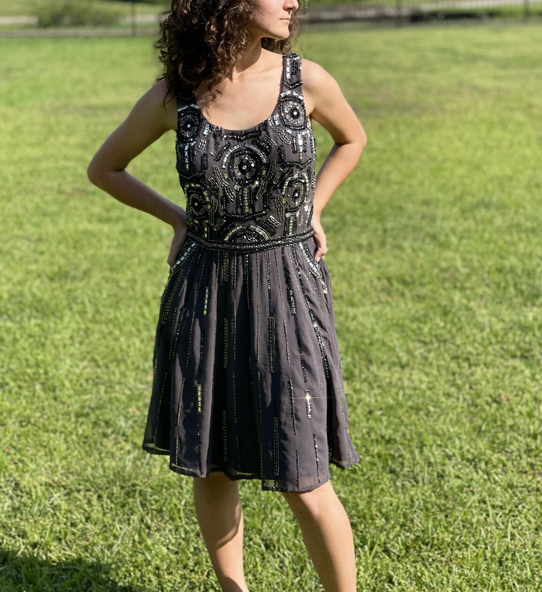 Shail K Beaded Gray Short Cocktail Fit Flare Dress Women's