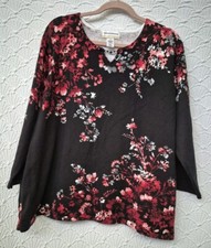 Womens Lightweight Sweater Alfred Dunner 3X Black With Beautiful Red Flowers EUC