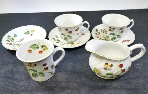 Vintage Set 7 James Kent Old Foley Strawberries Cups Saucers Creamer Mug England