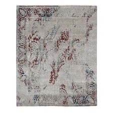 8'2" x 10'3" Beige Tulip Design Silk with Textured Wool Hand Knotted Rug R80394