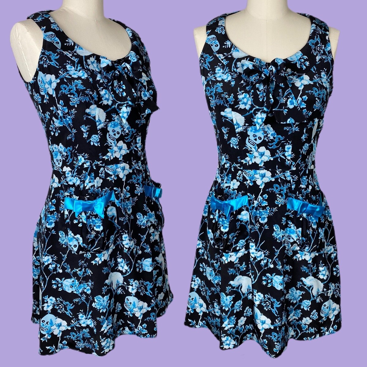 blue skull dress Betsey Johnson Size 2 Silk Floral Bird Print Black Goth Emo Y2K Mosel light blue dress with Color:Deep Apricot blue roses